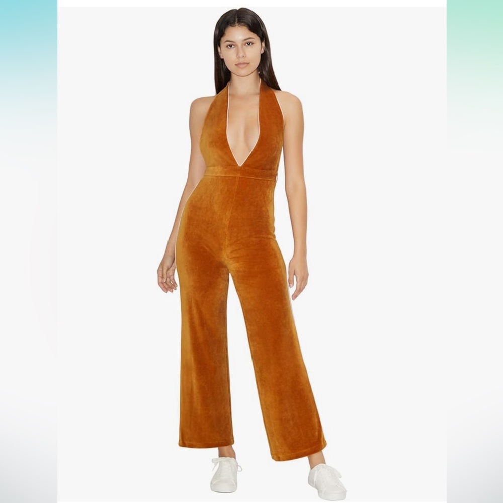 American Apparel womens Stretch Velour Sleeveless Deep V Jumpsuit